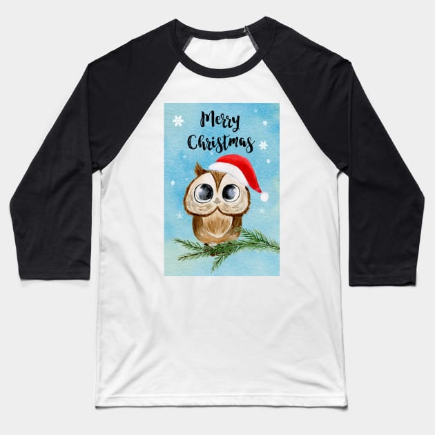 Watercolo Christmas Owl Baseball T-Shirt by KinkymeArt